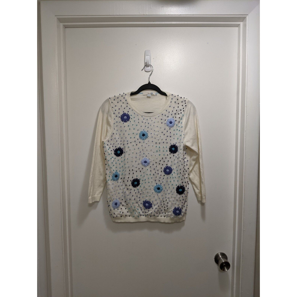 Boden Wool Blend Sweater with Embroidered Flowers Size 10 Floral Lightweight
